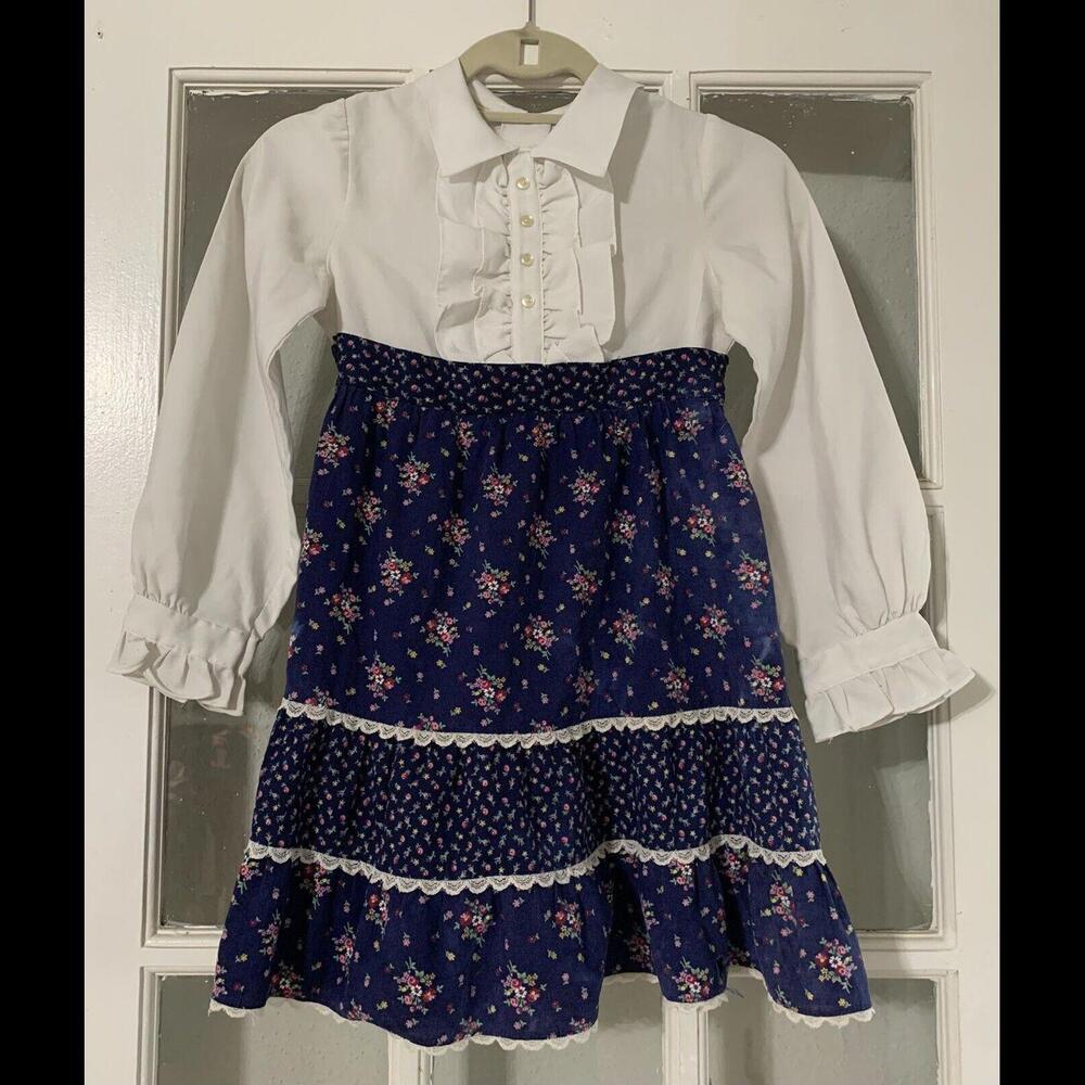 JCPenney Vtg 70-80’s Little Girls Blue Floral Ruffles Dress Size 8